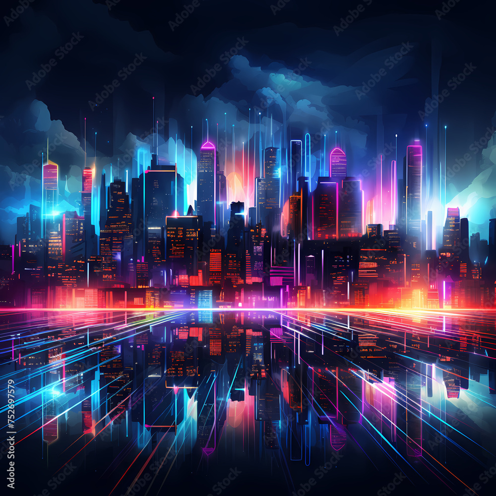 Wall mural Abstract city skyline with neon lights.