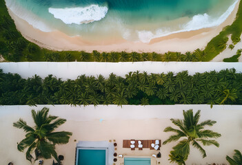 Aerial view of a tropical beach with palm trees, white sand, turquoise water, and a poolside resort.