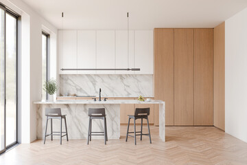 Minimal kitchen interior with white marble countertop, Black three bar stool, Light oak wooden parquet floor, Black window frame. 3d illustration.