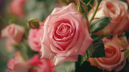 Closeup delicate bud of fresh pink rose with unfolded petals. Event decoration with fresh flowers