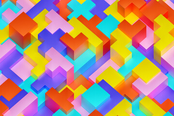  3D illustration volumetric  colorful  cubes. Parallelogram pattern. Technology geometry neon background