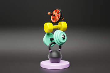 3d illustration of multi-colored sports equipment in the shape of a pyramid: weights, dumbbells,...