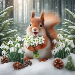 Close-up of a red squirrel holding a bunch of snowdrops in its front paws, sitting on snow, snowdrops growing around, winter forest in the background
