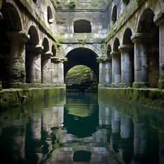 Fototapeta na wymiar Time-weathered Stone Cistern in Serene Landscape: A Testament to Lost Civilizations