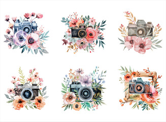 Photography watercolor floral camera logo.