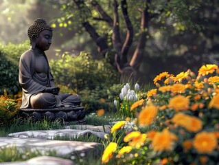 Buddha statue in the garden with flowers in the background, Generative AI illustrations.
