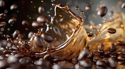 Coffee splash with coffee beans on black background,  Generative AI illustrations. - obrazy, fototapety, plakaty