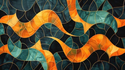 fabric with a background of black and orange geometric lines, intricate line work, dark green and cyan, valentine penrose, organic material, batik, pristine geometry psycadelic