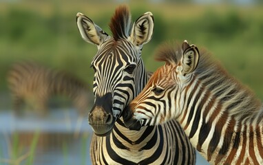 Fototapeta na wymiar Witnessing a Young Zebra Foal Stand Next to Its Mother