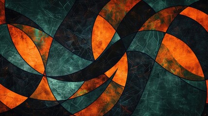 fabric with a background of black and orange geometric lines, intricate line work, dark green and cyan, valentine penrose, organic material, batik, pristine geometry psycadelic