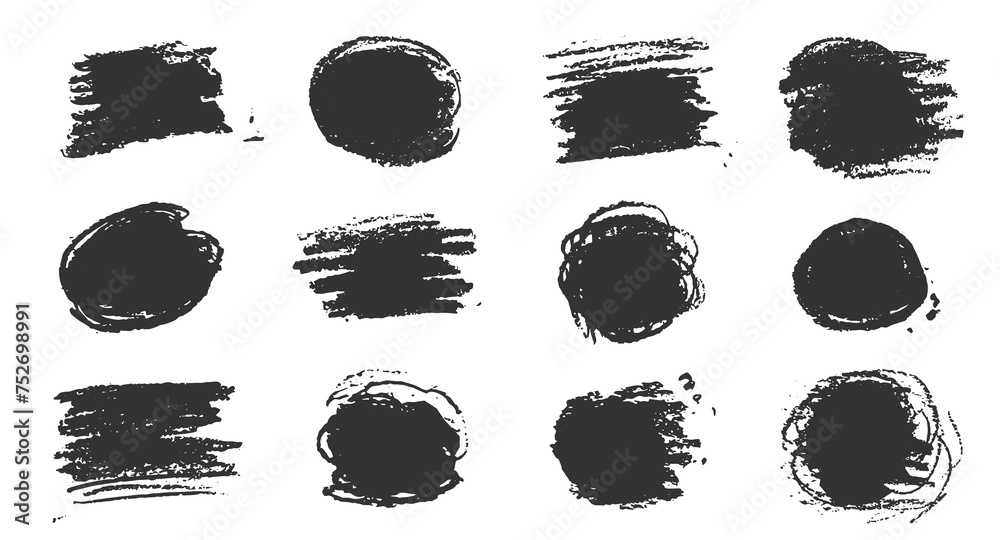Poster Chalk texture stain set. Hand drawn chalk background doodle effect stain collection for crayon brush design, scratch frame shape. Crayon texture pencil effect. Vector illustration.