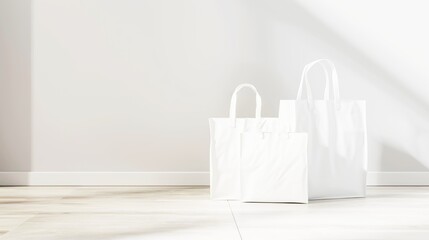 Simple two white paper bags on floor 3d - obrazy, fototapety, plakaty
