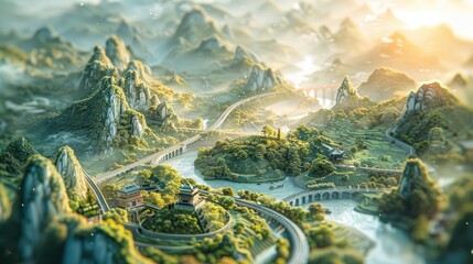 map three-dimensional mountains and rivers, sunshine, three-dimensional mountains and rivers, 3D...