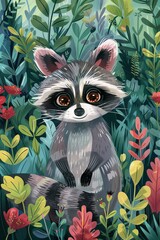 cute raccoon with nature background. children illustration