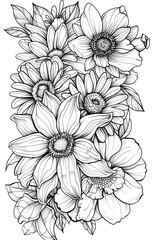 Coloring book flowers doodle style black outline. line art floral black and white background
