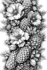Coloring book hop, cone, flower doodle style black outline. line art floral black and white background.