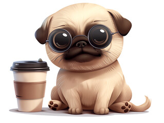 Naklejka premium Cute dog drink with coffee cup cartoon on white background