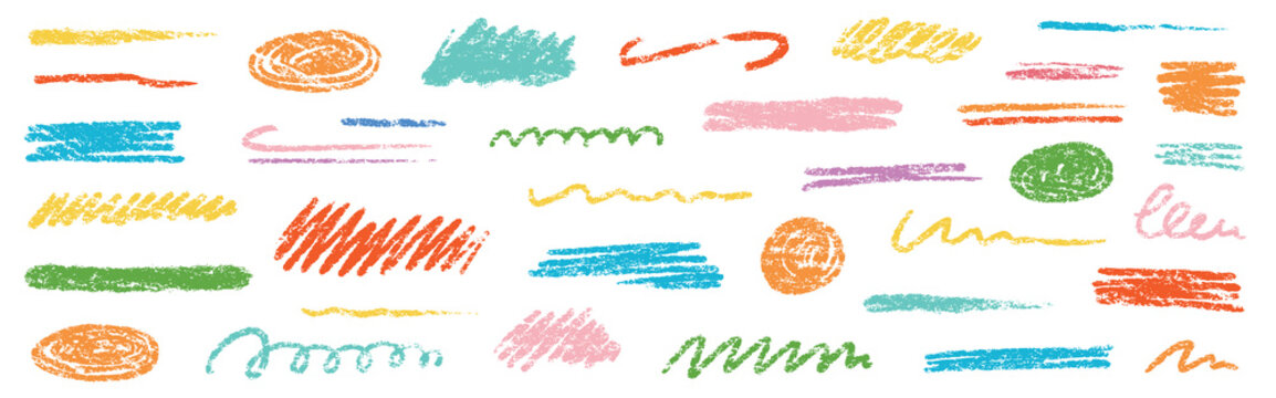 Crayon brush underline color stroke. Chalk kid highlight scribble stroke. Vector hand drawn brush underline element set for accent, crayon texture emphasis element. Rough chalk vector illustration