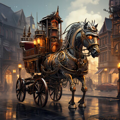 Fototapeta premium Cybernetic horse-drawn carriage in a steampunk city