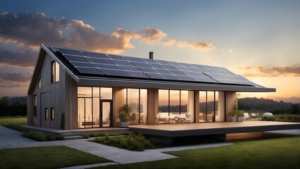 Engineering the future of electricity with rooftop solar panels in eco-friendly housing Generative AI - obrazy, fototapety, plakaty