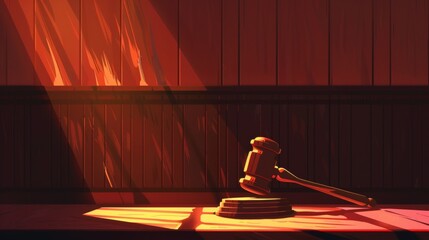 A dramatic light shining on a gavel in an otherwise dim courtroom representing the weight and impact of legal decisions in the world of mergers and acquisitions.
