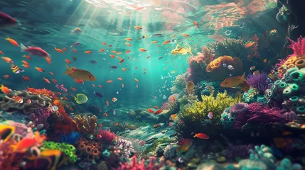 Zelfklevend Fotobehang the vibrant marine life thriving in a colorful coral reef beneath the crystal-clear waters of the sea. © Ahmad