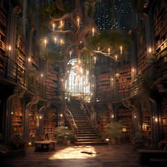 Enchanted library with books that come to life - obrazy, fototapety, plakaty