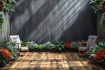 Living room with grey walls, wooden floor, plants and chairs. Created with Ai