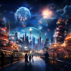 Fireworks display in a city of the future