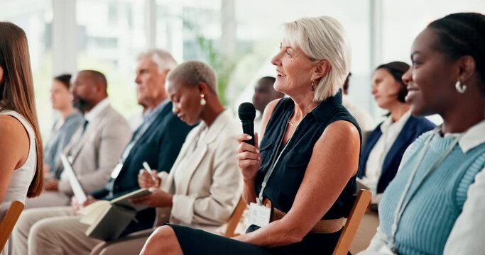 Audience, business people and woman with question, workshop and conversation with financial feedback and discussion for stock market. Brokers, staff and crowd with teamwork, review and collaboration