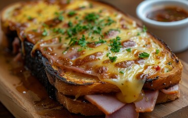 Capturing the Essence of an Open Grilled Ham and Cheese Sandwich