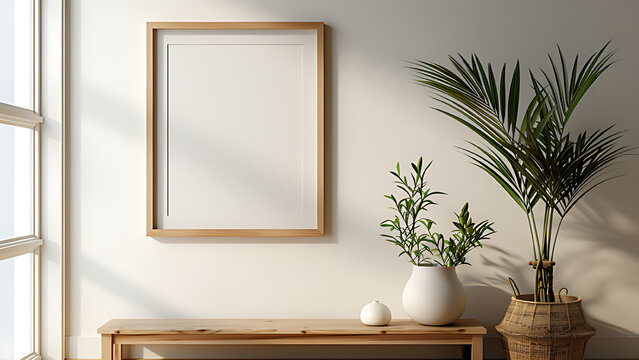 Wooden frame, wooden table and plants in empty space.