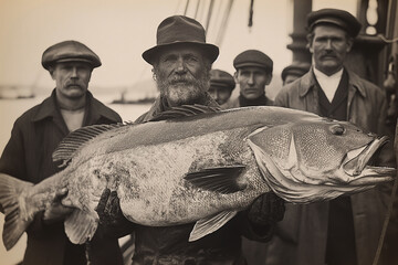 Male fishermen are holding a record catch of a large big fish. Old retro vintage documentary archival black and white film photography - obrazy, fototapety, plakaty