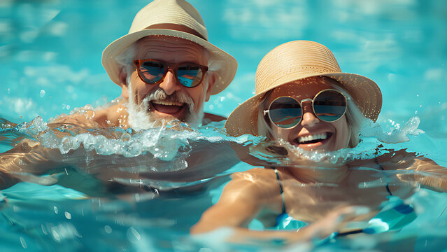 Old couple swimming together.