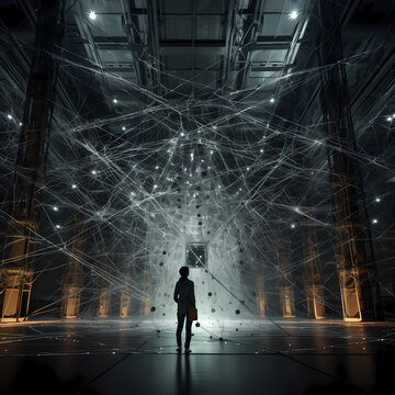 Giant mechanical spiderweb catching data in a virtual space