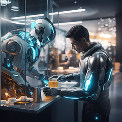 Robot barista serving coffee in a futuristic cafe - obrazy, fototapety, plakaty