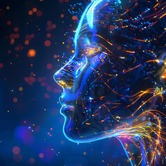 A profile depiction of a humanoid head featuring vibrant blue and yellow eyes alongside a dynamic neon neural network, symbolizing advanced futuristic technology and artificial intelligence. - obrazy, fototapety, plakaty