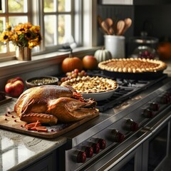 A kitchen scene with a thanksgiving dinner. The counter is filled with ingredients for the meal pumpkins, apples. and baking, capturing effort that goes into the meal.