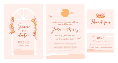 Naklejka premium Wedding invitation template. Abstract landscape, marriage ceremony arch with flowers, minimalistic sky. Save the date design. Romantic cards set. Vector illustration in pastel rose colors.