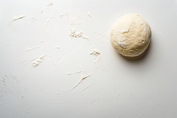 Top view of single raw dough ball in a clean white surface with a big surface for text or product, Generative AI.