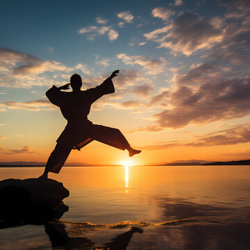 Silhouette of a person practicing tai chi at sunset