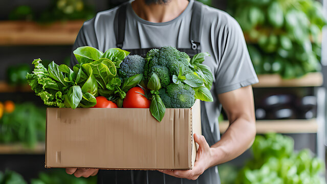 Man holding box filled with fresh vegetables, delivery concept.