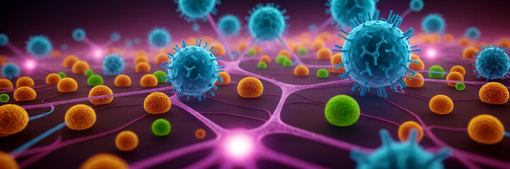 Abstract background with many colorful viruses - obrazy, fototapety, plakaty