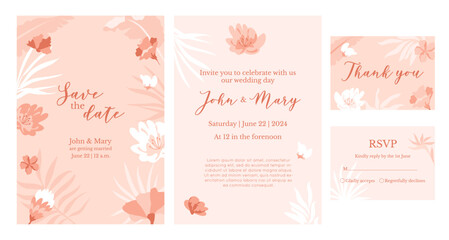 Wedding invitation template with abstract flowers buds, tropical leaves in pink pastel colors. Save the date elegant design with blooming pattern. Romantic cards set. Vector illustration