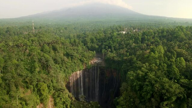 Experience the breathtaking synergy of nature: a drone's eye view captures a majestic waterfall nestled in a jungle oasis, with a towering volcano painting the backdrop in awe-inspiring grandeur.