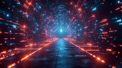 Fototapeta premium A futuristic landscape with a digital sky that shows a timeline of financial goals and achievements. The ground is divided into sections representing different areas of financial