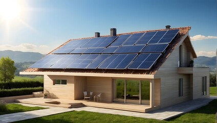 Fototapeta premium Photovoltaic cells transforming sunlight into electricity on eco-conscious house roofs Generative AI