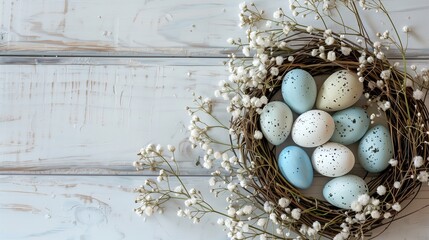 Easter table decor with Easter colorful eggs and spring flowers, top view