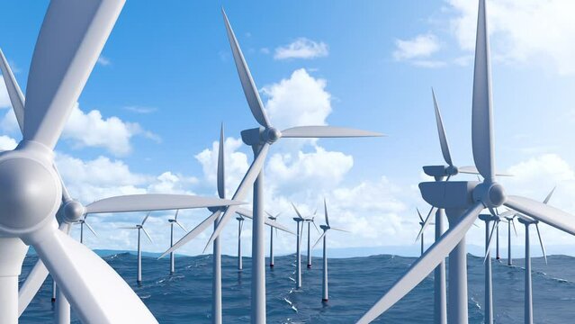 multiple wind turbines spinning gracefully in the ocean, harnessing the power of wind to generate clean and renewable energy