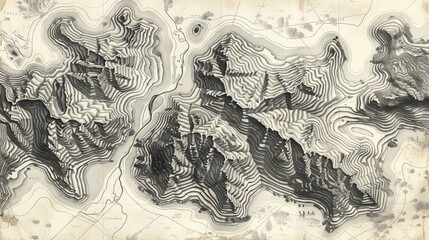 topdown shot of old map made of mountains and rivers,subtle detailed black ink lines, in style of vintage map